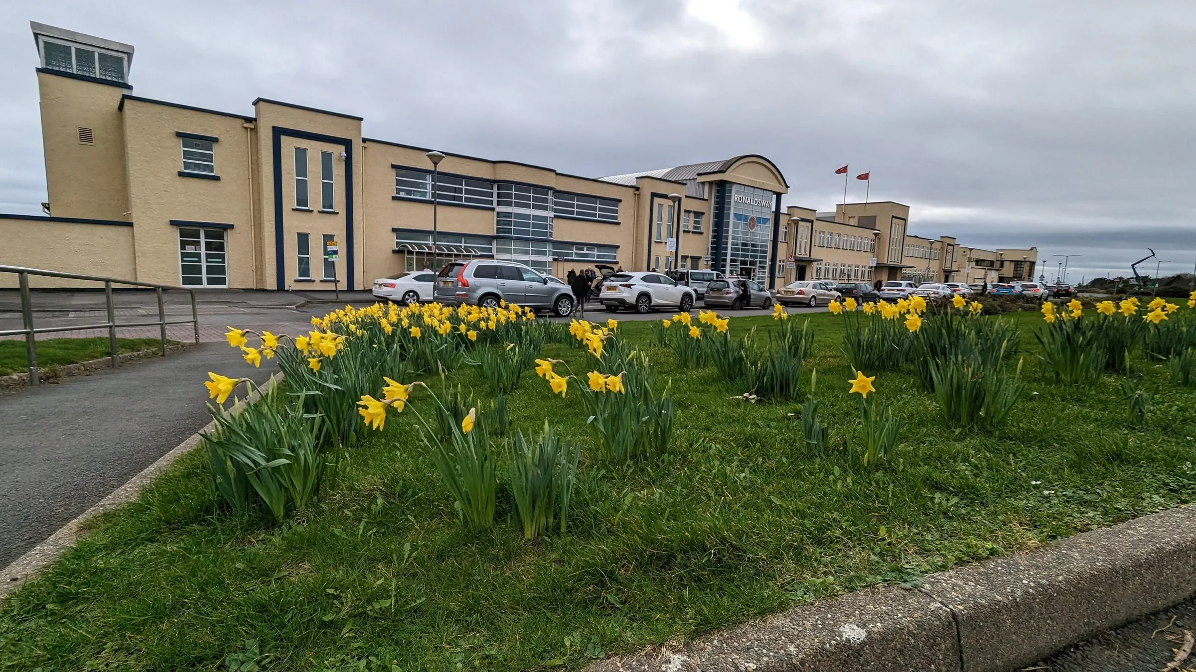 The cream-coloured terminal at Ronaldsway with its glass entrance and flags, seen across a verge of daffodils on a grey spring day