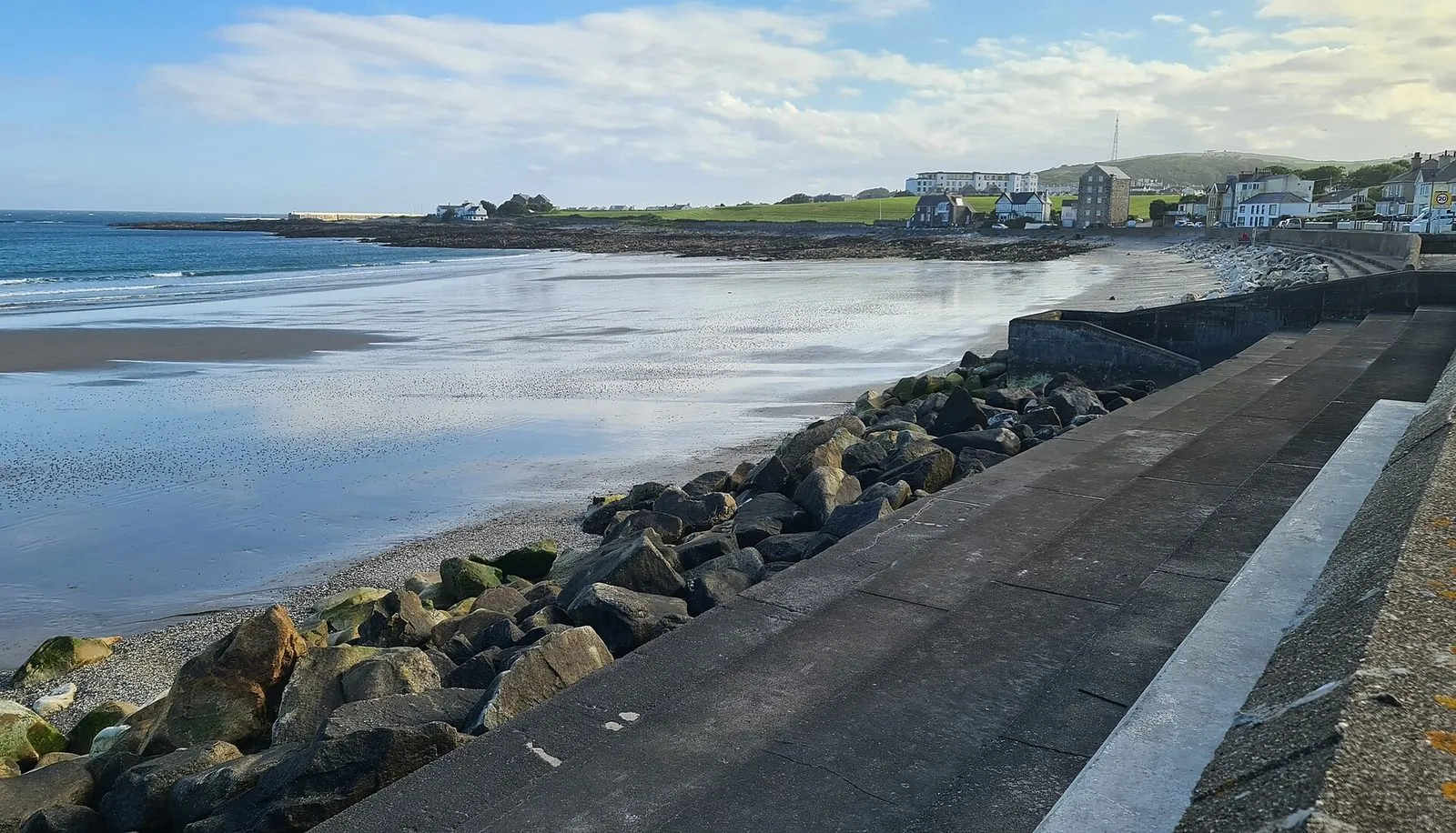 A wide empty beach of pale shingle and sand curving round a blue bay towards a green headland, with gorse in the foreground