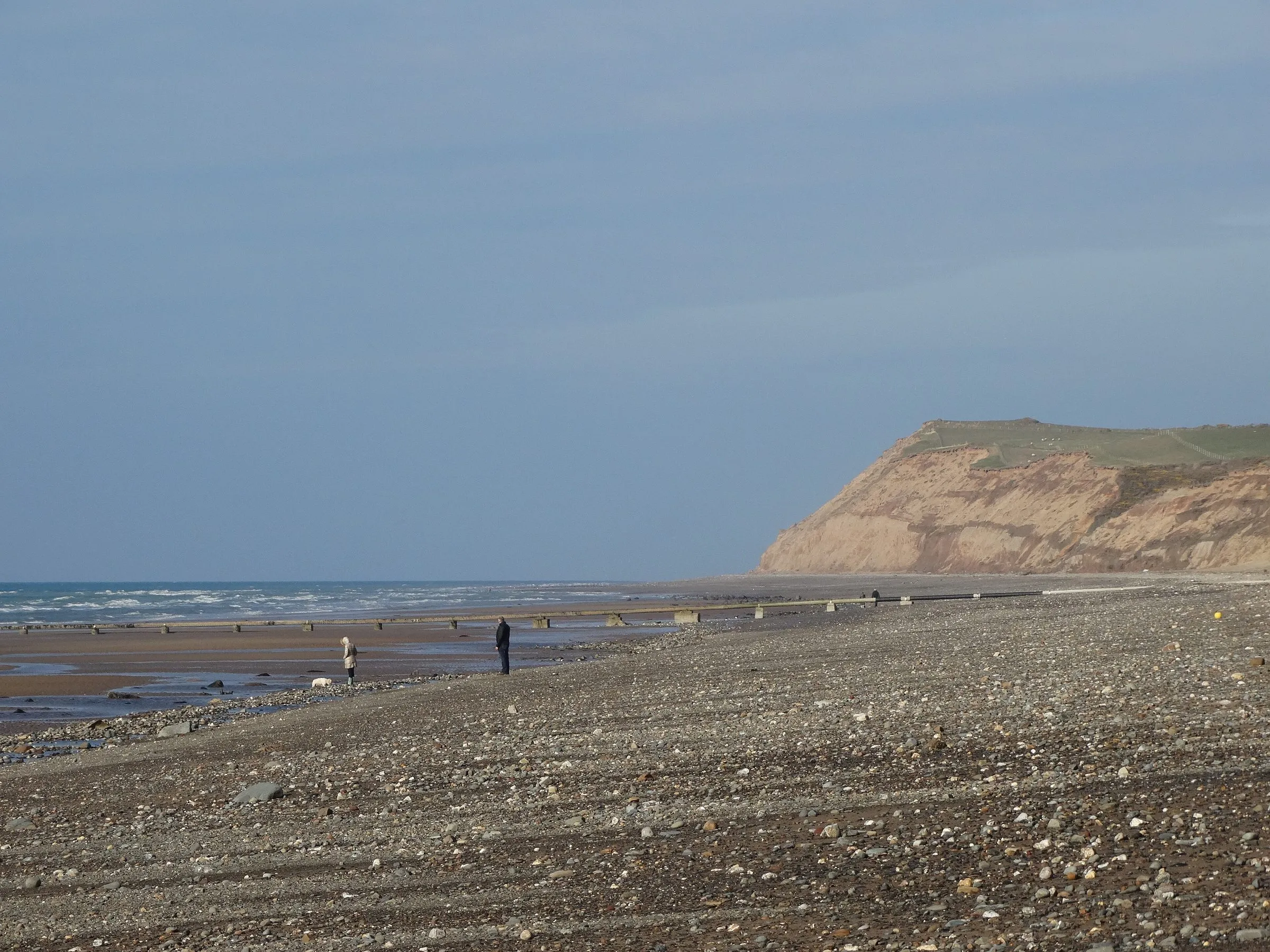 A wide shingle beach at Kirk Michael at low tide, with two walkers and a dog below the sandy cliffs of Orrisdale Head