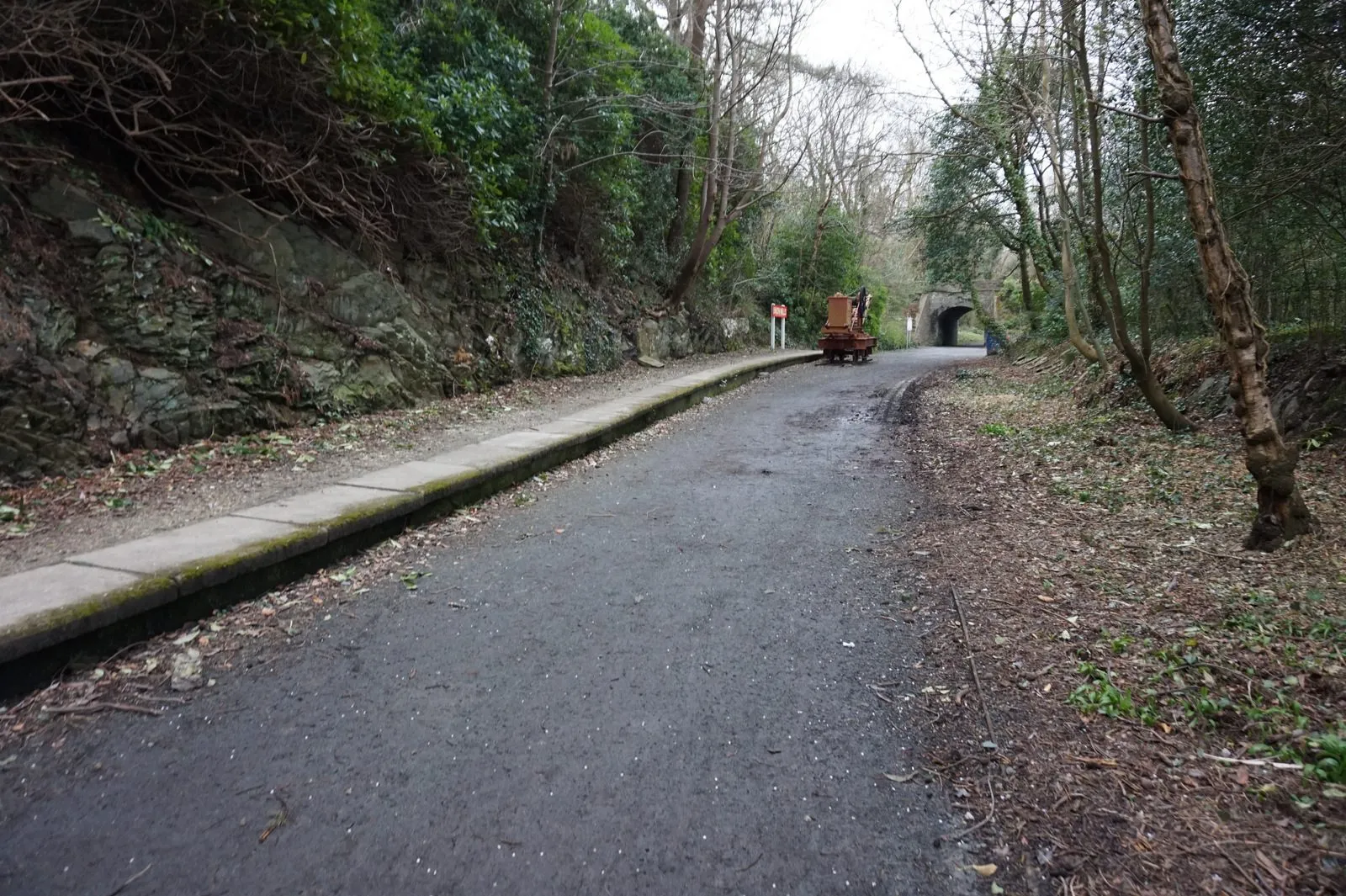 The tarmac Heritage Trail running through woodland along the old Douglas to Peel railway line, past an old platform edge towards a stone bridge