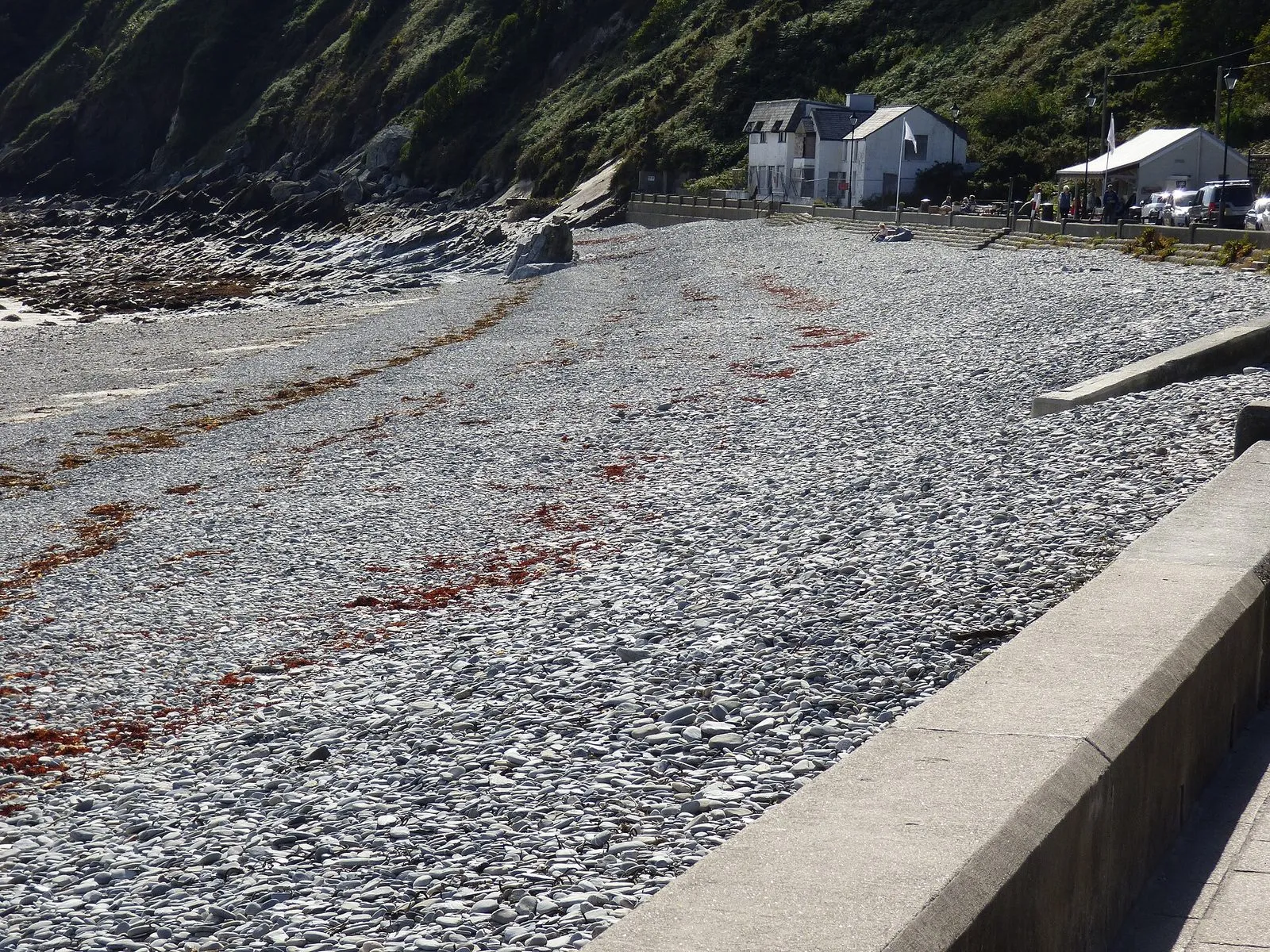 A long shingle beach at Laxey curving south below steep wooded cliffs, with a low sea wall and promenade on the right and a few buildings at the far end