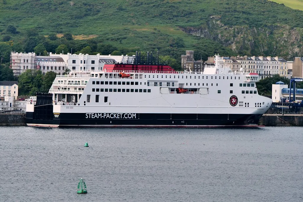 The Steam Packet ferry Manxman moored at Victoria Pier in Douglas, with the Douglas Head hotels behind