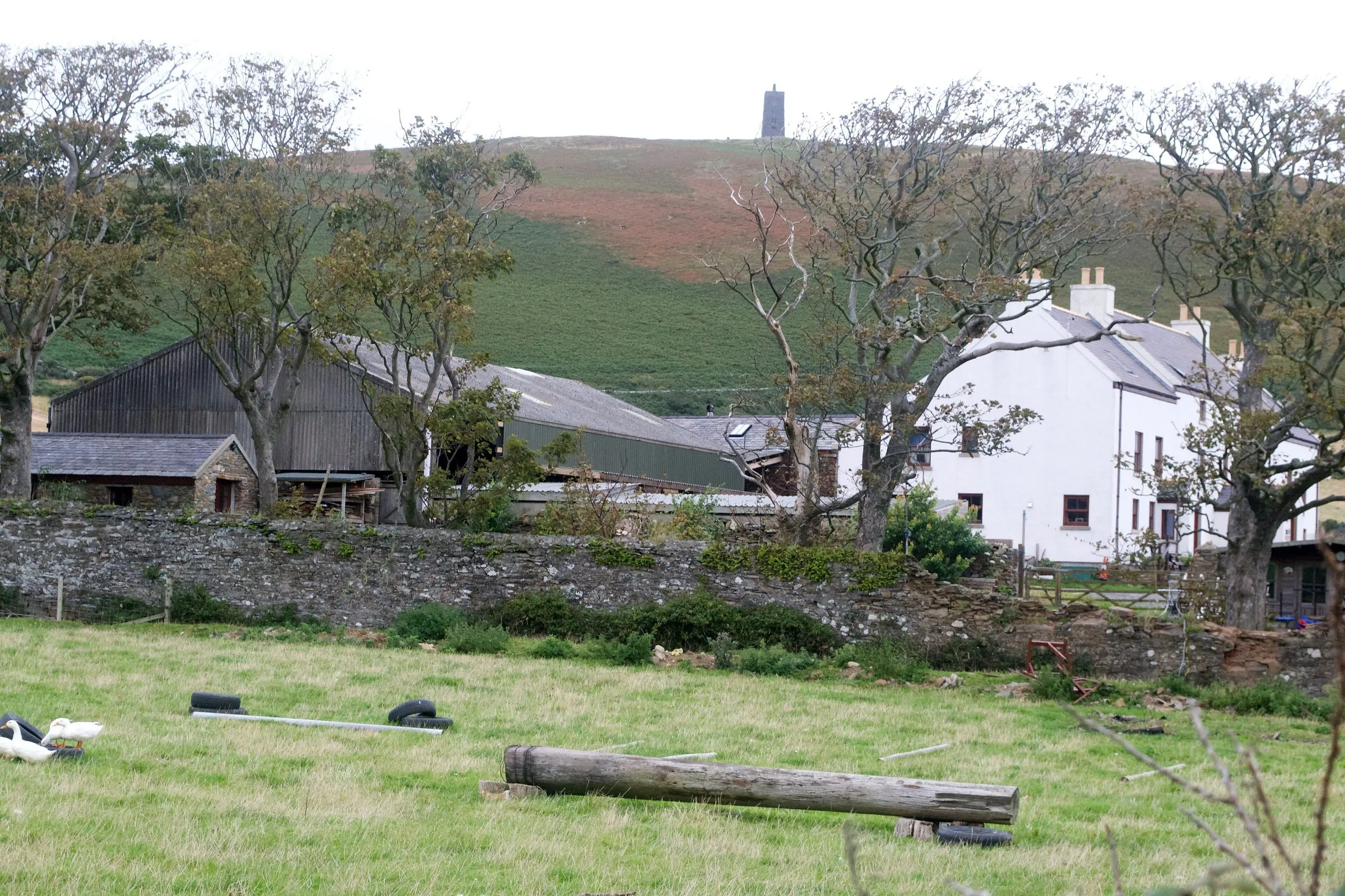 Knockaloe Beg farmhouse and barns behind a stone wall and a grassy field, with Corrin's Tower on the hill above Peel