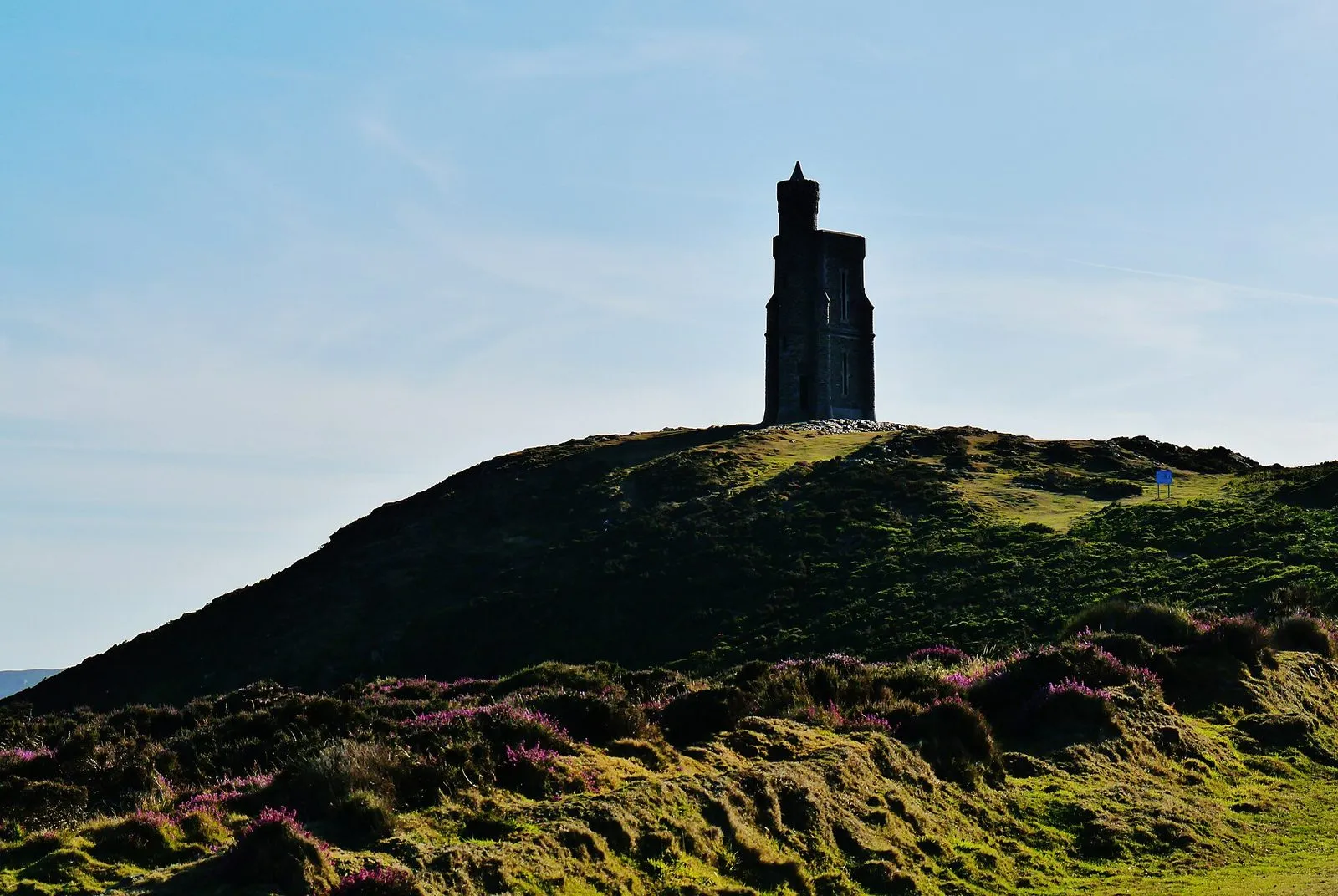 Milner’s Tower, a dark stone tower on the green summit of Bradda Head, with purple heather in the foreground and a pale blue sky