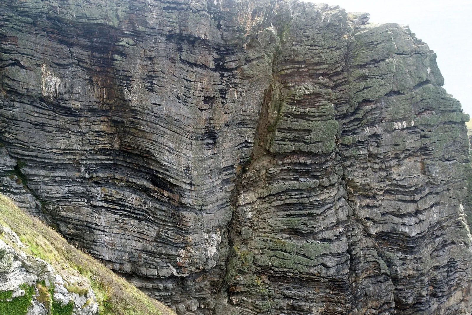 Layered grey sea cliff at the Chasms, the rock bands tilted and split by a deep vertical cleft