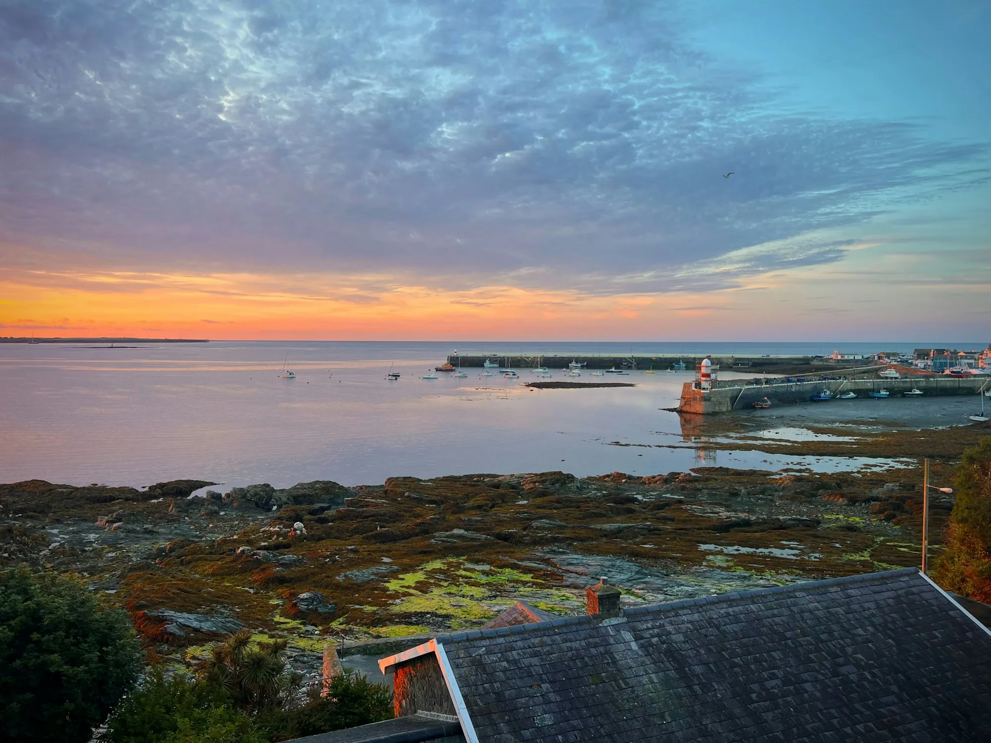 Sunrise over Port St Mary harbour, with the breakwater and lighthouse on the far side of the bay and rocks exposed at low tide